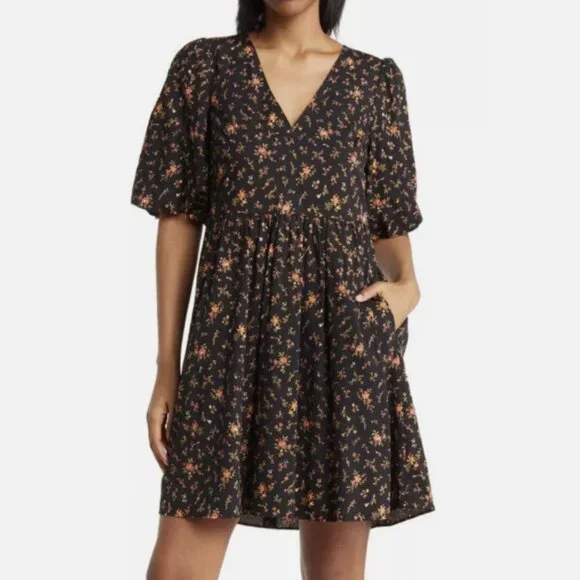 Madewell Poplin Cotton Bubble-Sleeve Mini Dress February Floral Women Size 4 - Picture 1 of 8